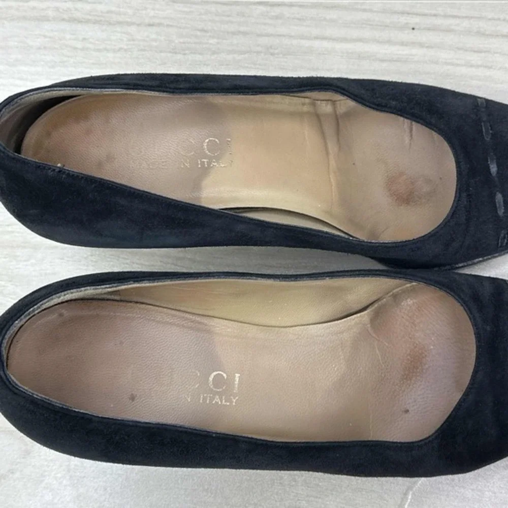 Gucci Shoes Women Size 5.5 Black Suede Vintage Slip On Dressy Office Chunky Heel